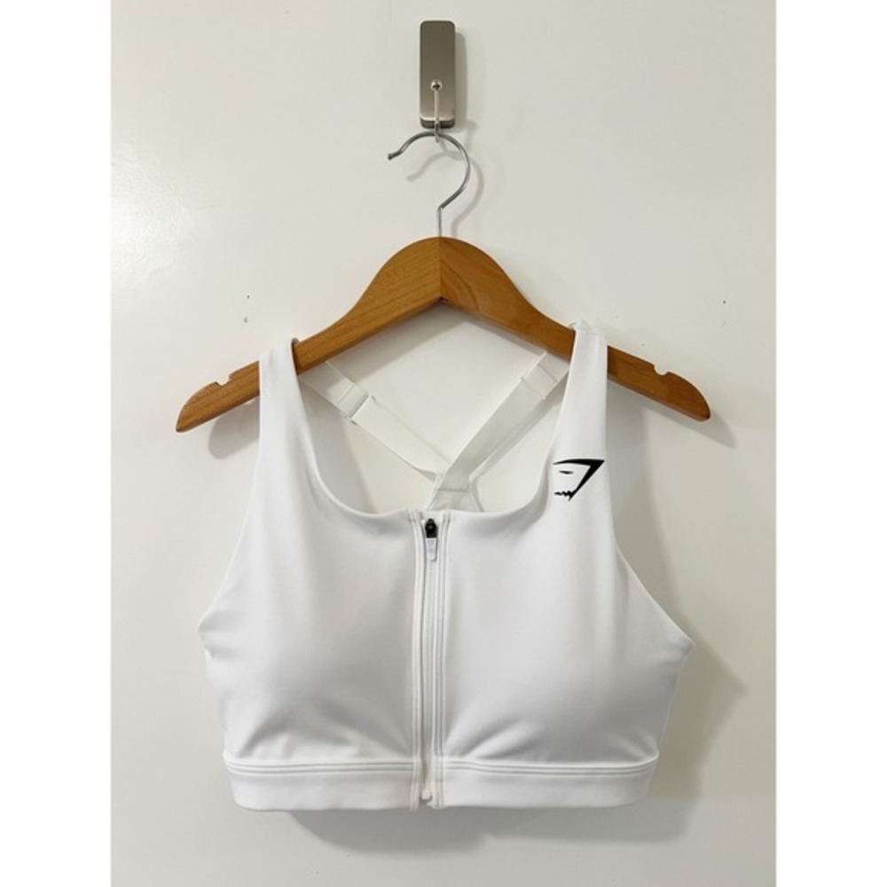 Gymshark White Zip Front Sports Bra Medium Support Workout Activewear